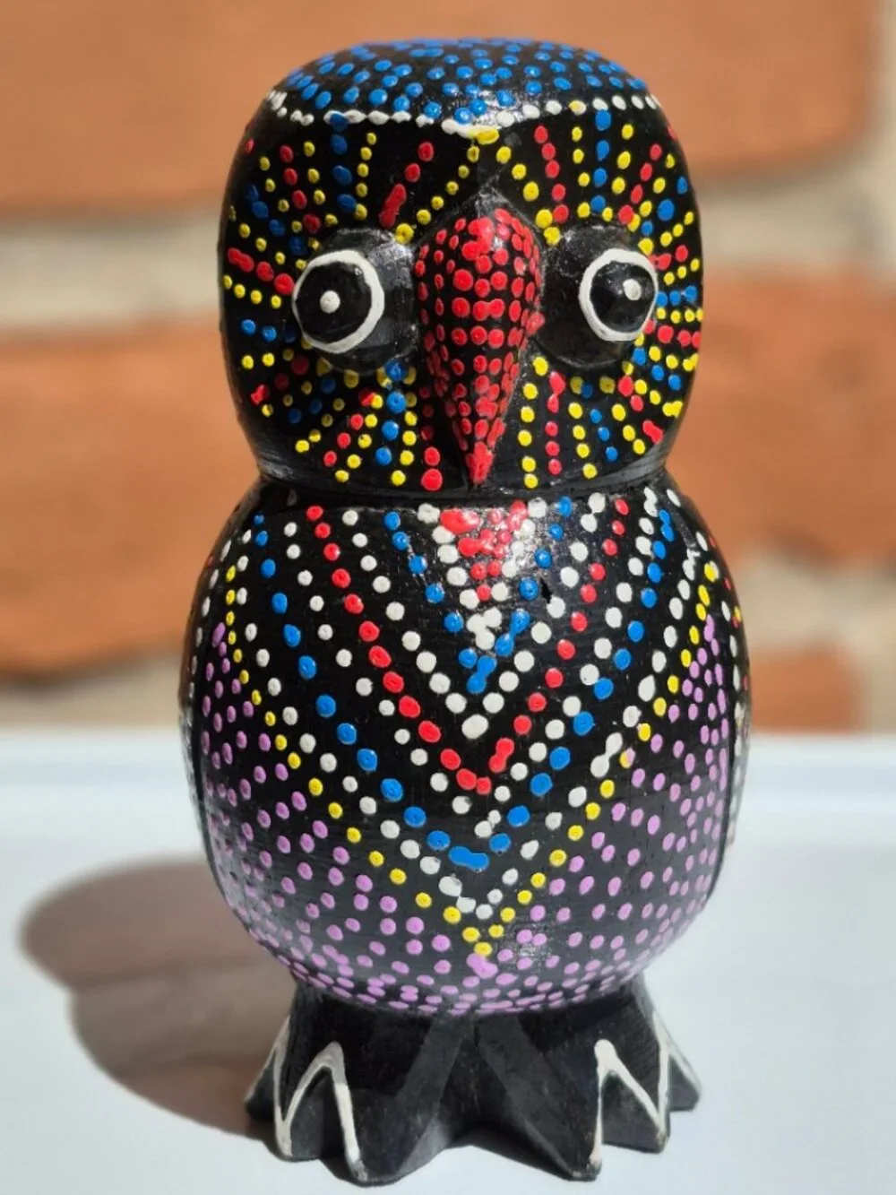 Hand Painted Wooden Owl Figurine Dot Art Folk Art Sculpture